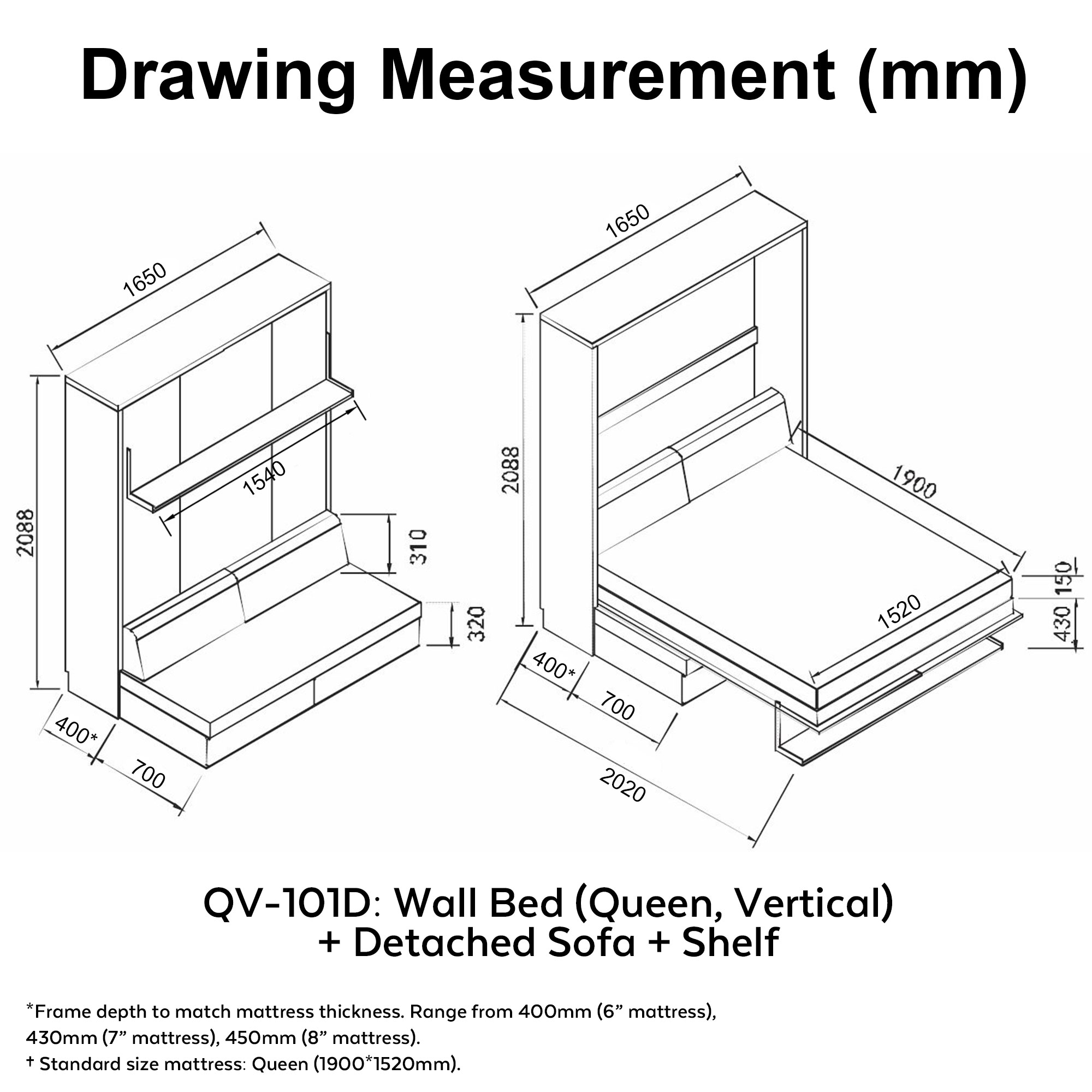 Shelf + Detached Sofa + Queen Vertical Hidden Wall Bed, Space Saving